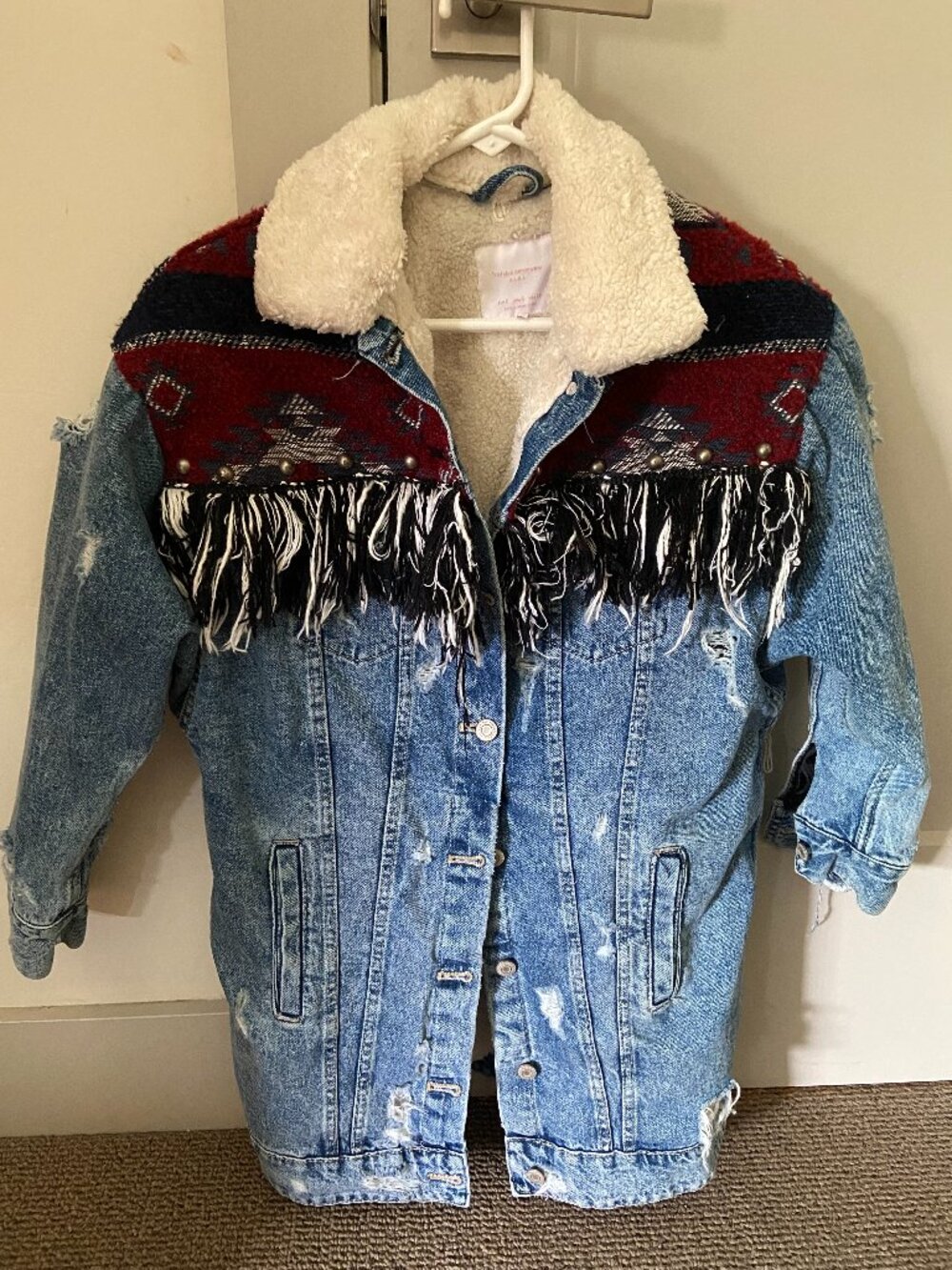 Zara Oversized Denim Sherpa Jacket – Western Boho Fringe